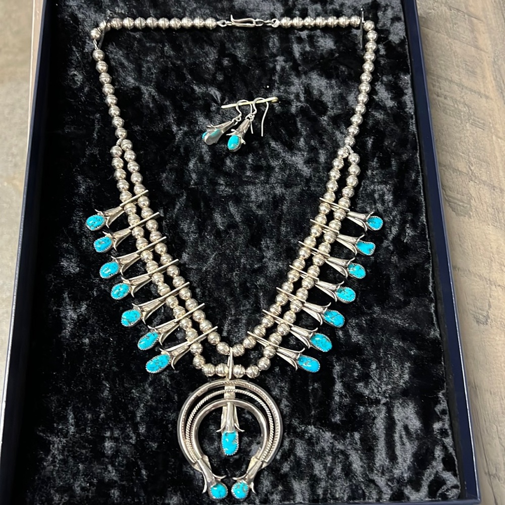 Sterling silver and turquoise squash necklace and earrings set